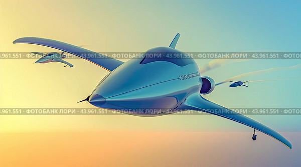 An elegant futuristic electric airplane flying against a clear blue sky. The concept of zero emissions of harmful substances into the atmosphere. Стоковое AI-изображение, AI-художник Ярославский Максим / Фотобанк Лори
