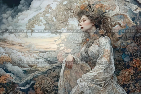 An elegant girl in an exquisite dress with oriental motifs. Her hair flutters and intertwines with airy patterns, clouds and decorative elements, creating a sense of magic and merging with nature. The attire is decorated with complex ornaments and floral motifs, and the color palette is made in soft pastel shades - cream, gold, gray-blue and brown. The girl looks thoughtful and majestic, and the surrounding atmosphere is filled with a sense of harmony, lightness and mysticism. Стоковое AI-изображение, AI-художник Анна Кривицкая / Фотобанк Лори