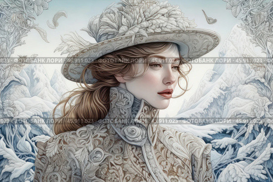 An elegant young woman against the backdrop of snow-capped mountains and a frosty landscape. Her image is made in soft pastel colors, emphasizing grace and sophistication. The girl is wearing an exquisite light outfit with a rich floral pattern, reminiscent of embroidery or a pattern on fabric. The high collar gives the look severity and sophistication. Стоковое AI-изображение, AI-художник Анна Кривицкая / Фотобанк Лори