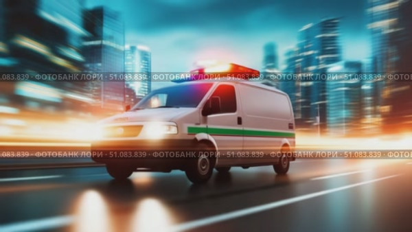 An emergency ambulance with flashing lights speeds through a city at night. The background features blurred skyscrapers and bright city lights. Стоковое AI-видео, аниматор Nart / Фотобанк Лори