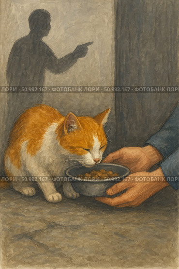 An emotional illustration of a man feeding a homeless ginger cat. On the wall behind is a shadow of another man pointing a finger in condemnation. The painting conveys the contrast between kindness and indifference, compassion and condemnation. A warm, expressive scene touching on the theme of mercy, helping animals and moral choice. Стоковое AI-изображение, AI-художник Анна Кривицкая / Фотобанк Лори