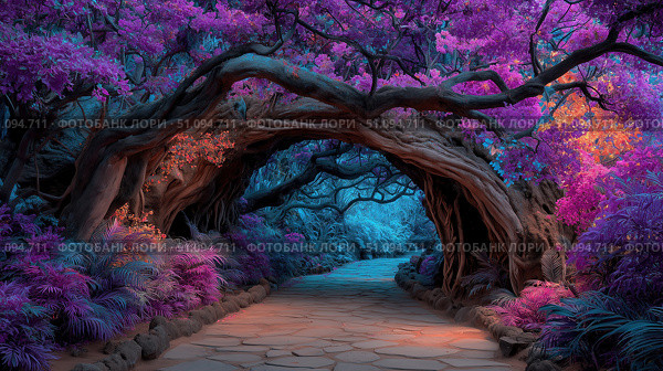 An enchanting forest pathway invites wanderers with its stunning colors and surreal atmosphere. Стоковое AI-изображение, AI-художник Ксения Лаптева / Фотобанк Лори