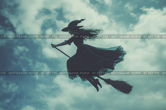 An Enchanting Witch is Flying Gracefully Through the Mystical Clouds of the Night Sky. Очаровательная ведьма грациозно летит сквозь мистические облака ночного неба. Стоковое AI-изображение, AI-художник Katsiaryna Repich / Фотобанк Лори