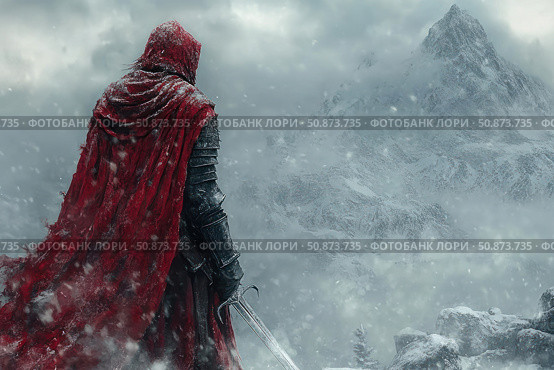 An epic fantasy scene - a warrior in a red cloak stands on a rocky snow-capped peak, looking at the ice-covered mountains disappearing in a snowstorm. In his hand is a sword, and around him rages the cold elements. This image symbolizes fortitude, inner strength, the hero's path and loneliness in the face of adversity. Perfect for book covers, board games, posters, video games and fantasy projects. Стоковое AI-изображение, AI-художник Анна Кривицкая / Фотобанк Лори