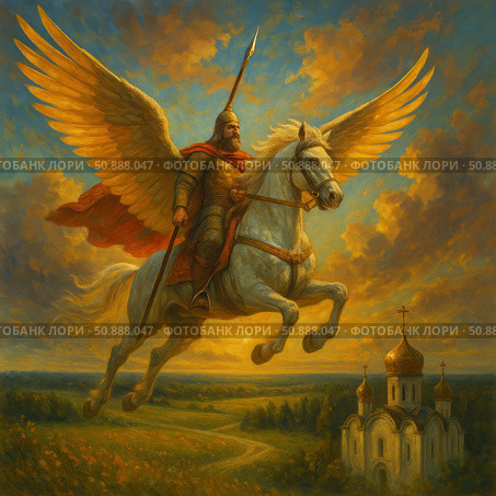 An epic painting scene with a winged warrior on a white horse, soaring in the sky against the backdrop of a golden sunset. In the warrior's hand is a spear, behind his back is a scarlet cloak, symbolizing courage and valor. On the horizon is an Orthodox church with golden domes, inscribed in a Russian rural panorama. The image combines elements of Russian mythology, spirituality and military honor. Ideal for illustrations on the themes of patriotism, heroism, Russian history, Orthodoxy and fairy tale epics. Стоковое AI-изображение, AI-художник Анна Кривицкая / Фотобанк Лори