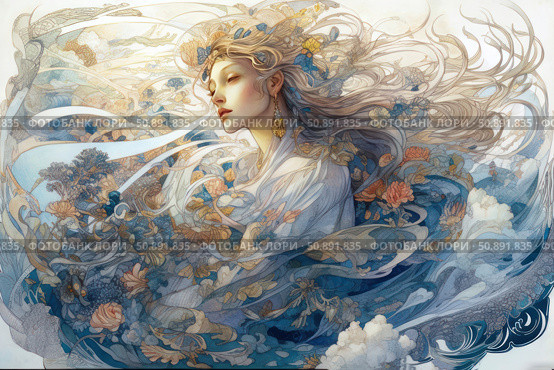 An ethereal image of a woman surrounded by a flow of flowers, wind and celestial motifs. The illustration is done in an exquisite Art Nouveau style with smooth lines, light pastel colors and a watercolor texture. A light sense of dreaminess and freedom, as if the character is dissolving in the air flow of nature and emotions. Ideal for book design, postcards, covers and projects about femininity, inspiration and harmony with nature. Стоковое AI-изображение, AI-художник Анна Кривицкая / Фотобанк Лори