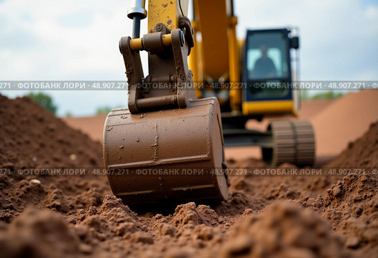 An excavator bucket engages with the rich brown earth at a busy construction site, showcasing the power of heavy machinery under a cloudy sky during afternoon hours Generative AI. Стоковое AI-изображение, AI-художник Юлия Петровская / Фотобанк Лори