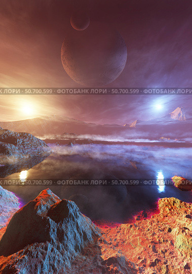 An exoplanet orbiting two stars, a red giant and a blue star. Стоковое фото, фотограф Steven Hobbs/Stocktrek Images / ТАСС / Фотобанк Лори