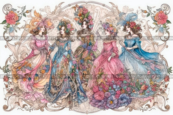 An exquisite Art Nouveau illustration depicting five elegant ladies in sumptuous dresses adorned with flowers, lace and patterns. Each figure is unique in its colour scheme: pink, blue, lavender and gold shades dominate the composition. The women are surrounded by ornate decorative elements and floral patterns. The overall composition is symmetrical, filled with tenderness, romanticism and a sense of theatricality - like a scene from a fairy tale or ballet, inspired by the Rococo era and Mucha's style. Стоковое AI-изображение, AI-художник Анна Кривицкая / Фотобанк Лори