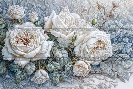 An exquisite composition with white roses, executed in the style of an artistic illustration. The roses are revealed in different stages of flowering - from delicate buds to lush, multi-layered inflorescences. Their petals have a fine texture, slightly shaded with beige and golden veins. The background is a patterned, slightly frosty or foggy design, creating an effect of airiness and lightness. The foliage of the roses is executed with the elaboration of the smallest details, conveying realism and grace. The overall coloring of the image is cold, with silvery-blue and gray tones, emphasizing the refined beauty of the flowers. Стоковое AI-изображение, AI-художник Анна Кривицкая / Фотобанк Лори