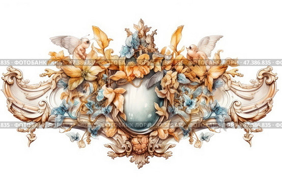 An exquisite decorative composition in the Baroque or Rococo style. In the center is an oval medallion surrounded by lush flowers in delicate pastel shades (golden yellow and blue tones). On the sides are two angels or cupids with wings, each holding flowers. The frame ornament is made in the form of a carved pattern reminiscent of stucco or a cornice with monograms. The overall atmosphere is refined, romantic and elegant, as if from an antique interior or palace architecture. Стоковое AI-изображение, AI-художник Анна Кривицкая / Фотобанк Лори