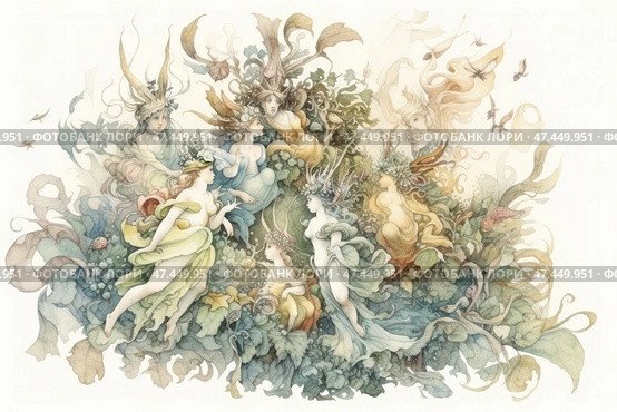 An exquisite watercolor illustration depicting a magical forest dance of fairy-tale creatures. Graceful fairies with wreaths of flowers and branches dance and communicate among lush vegetation. Their figures are translucent, light and airy, as if woven from light and fog. Around them are lush leaves, berries, whimsical flowers, vines and fluttering butterflies. The scene is filled with magic, tranquility and a sense of natural harmony. This is a fantastic, almost mythological vision of the fairy-tale kingdom of forest spirits. Стоковое AI-изображение, AI-художник Анна Кривицкая / Фотобанк Лори