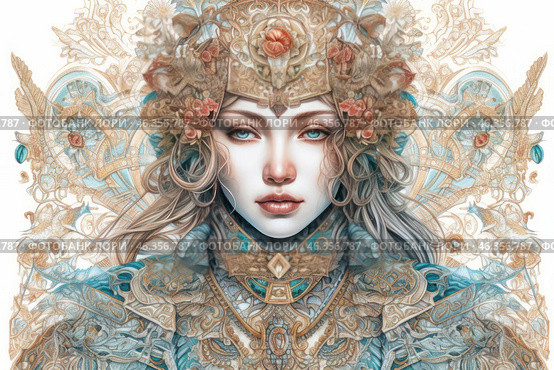 An exquisitely designed girl with aristocratic features, dressed in a complex and detailed outfit reminiscent of royal armor or ceremonial vestments. Her headdress is decorated with patterns, flowers, gems and metal elements, creating a sense of grandeur and a mystical aura. The background is made in a decorative style, intertwining with elements of clothing, adding depth and airiness to the composition. The color scheme combines soft golden, beige and sky-blue shades, giving the image sophistication and grace. Стоковое AI-изображение, AI-художник Анна Кривицкая / Фотобанк Лори