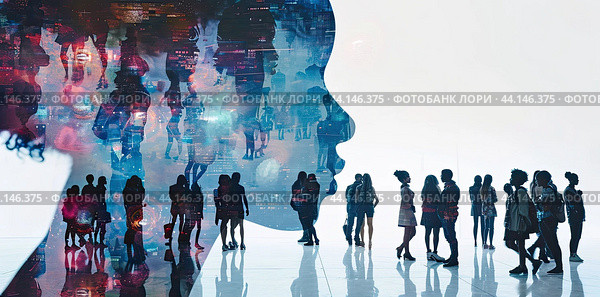 An illustration of a double-exposure banner depicting the silhouette of a girl and the silhouettes of a group of smaller people on a white background. Turn left. Стоковое AI-изображение, AI-художник Ярославский Максим / Фотобанк Лори