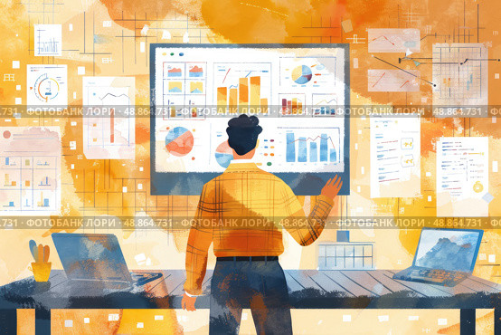 An illustration of a man standing in front of a large screen displaying a variety of data charts and graphs, suggesting he is analyzing and interpreting information in a modern office setting. Стоковое AI-изображение, AI-художник Данила Большаков / Фотобанк Лори