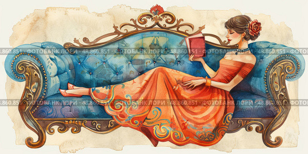 An illustration of a woman in a long orange dress lounging on a blue, ornate couch, reading a book. Стоковое AI-изображение, AI-художник Данила Большаков / Фотобанк Лори