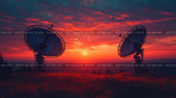 An impressive image of two radio telescopes against a stunning sunset. The silhouettes of the antennas stand out against the bright orange and crimson sky, creating an atmosphere of silence, mystery and scientific exploration. The landscape emphasizes the scale and technology of the equipment, in harmony with the beauty of nature. Ideal for topics related to science, space exploration, radio communications and astronomy. Стоковое AI-изображение, AI-художник Анна Кривицкая / Фотобанк Лори