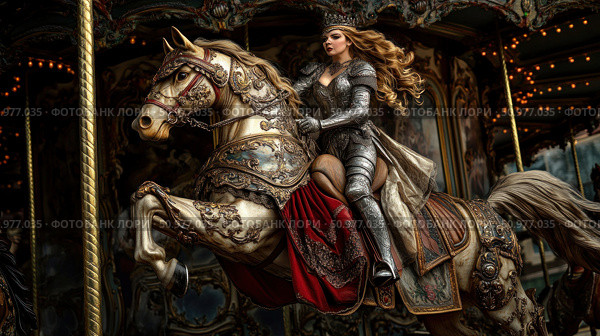An impressive stage composition with a female warrior in knightly armor, riding a luxurious decorative carousel horse. The image combines strength, grace and fairy-tale aesthetics - a crown, long flowing hair, richly decorated plate armor and vintage elements of the carousel create an atmosphere of medieval fantasy. Suitable for posters, fantasy covers, theater playbills, cosplay content and game concept art. Стоковое AI-изображение, AI-художник Анна Кривицкая / Фотобанк Лори