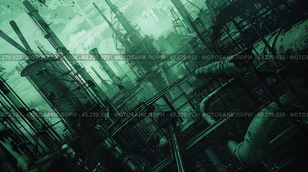 An industrial complex consisting of many pipes, tanks, chimneys and other industrial structures. Factory buildings are shown in gloomy greenish tones, which creates an atmosphere of technogenic dystopia. The low perspective view highlights the scale and complexity of the infrastructure. Smoke and steam rising from the chimneys add drama and dynamics to the picture. This image is suitable for illustrations related to industry, energy and urbanization. Стоковое AI-изображение, AI-художник Анна Кривицкая / Фотобанк Лори