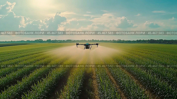 An industrial drone flies over a green field and sprays useful pesticides to increase productivity and destroys harmful insects. Modern technologies in agriculture. Стоковое AI-изображение, AI-художник Ирина Ручушкина / Фотобанк Лори