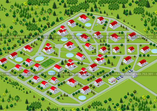 An isometric 3D illustration view of a cottage townhouse bungalow, residential, villa village is shown. Streets, houses, and plots for real estate development are shown.. An isometric 3D illustration view of a cottage townhouse. Стоковая иллюстрация, агентство Ingram Publishing / Фотобанк Лори