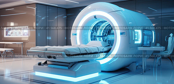 An MRI machine in a futuristic-style hospital. Generated by AI. Стоковое AI-изображение, AI-художник Ярославский Максим / Фотобанк Лори