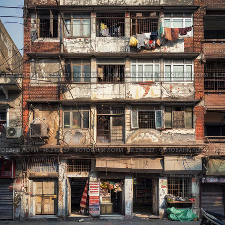 An old apartment building in an urban setting. The building's façade looks dilapidated: the walls show signs of time - peeling paint, cracks, dirt and rust. The balconies are partially covered with metal bars, and colorful laundry is hung on them.On the ground floors there are small shops and stalls with various goods, among which carpets, food and household items are visible. Open doors and windows create a sense of everyday life, despite the general chaotic appearance of the building. Wires run haphazardly along the walls and between buildings, emphasizing the atmosphere of a densely populated and not very well-kept area.This scene conveys the authentic color of city life, showing a combination of everyday life, trade and characteristic architectural details of old residential buildings. Стоковое AI-изображение, AI-художник Анна Кривицкая / Фотобанк Лори