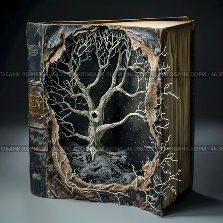 An old book with a three-dimensional installation carved inside in the form of a dried-up, intricately curved tree. The cover of the book looks worn, the edges of the pages are burnt and as if worn out by time. The tree created inside the book intertwines with the spine and edges, its branches extend beyond the borders of the pages, as if trying to break out. The background behind the tree is a starry night sky, creating an effect of depth and mystery. This composition symbolizes the eternity of history, the magic of books and their ability to revive worlds within themselves. Стоковое AI-изображение, AI-художник Анна Кривицкая / Фотобанк Лори