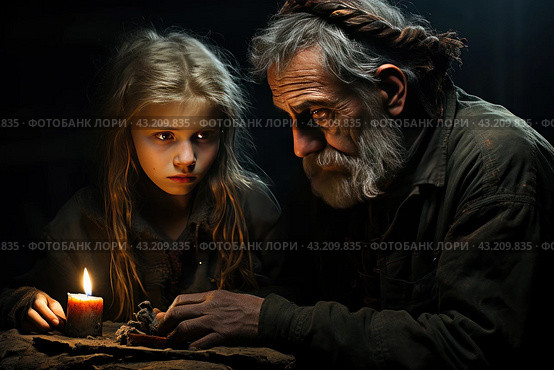 An old man and a girl sitting in a dark room by the light of one candle. A girl with long blond hair and a serious expression looks at the candle. An old man with a thick gray beard and a wrinkled face is also focused on the candle. Both are dressed in dark, shabby clothes, which gives the scene an atmosphere of poverty and harshness. The candlelight illuminates their faces, creating contrasting shadows and emphasizing their expressions. Стоковое AI-изображение, AI-художник Анна Кривицкая / Фотобанк Лори