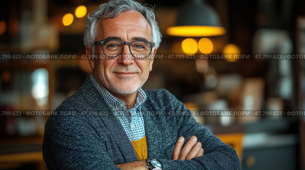 An older man with glasses stands confidently, smiling, in a warm cafe atmosphere filled with soft lighting. Стоковое AI-изображение, AI-художник Данила Большаков / Фотобанк Лори