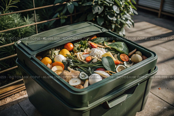 An open compost container with peels and fruit and vegetable clippings. Organic waste in a garden composter. Eco-friendly gardening, sustainability, ecology. Стоковое AI-изображение, AI-художник Photojuli / Фотобанк Лори