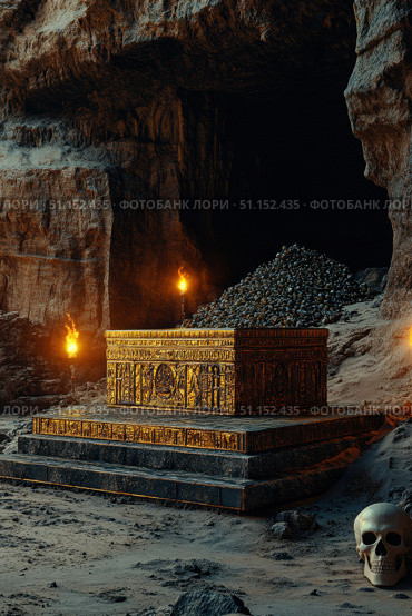 An ornate treasure crate is on an ancient platform in the desert cave, torches on the wall, skull and piles on the corner, create a mystery atmosphere, artificial light. Стоковое AI-изображение, AI-художник Ирина Михайличенко / Фотобанк Лори