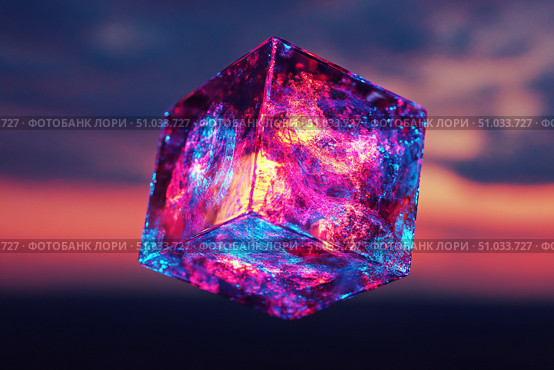 An otherworldly floating cube featuring each face adorned with unique fractal patterns in glowing neon hues ,  created by ai. Стоковое AI-изображение, AI-художник Виталий Сова / Фотобанк Лори
