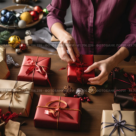 An unrecognizable woman wraps Christmas gifts in red paper. Стоковое AI-изображение, AI-художник Margarita Davchenko / Фотобанк Лори