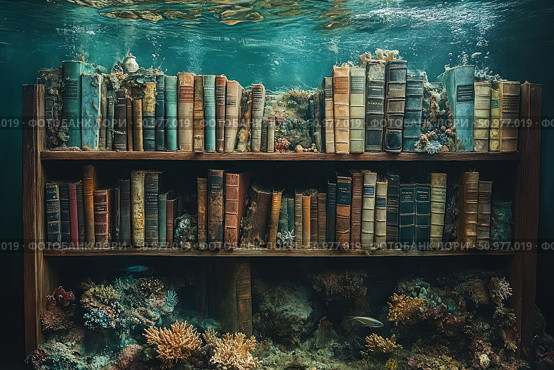 An unusual underwater library image - a wooden bookcase full of ancient books is completely submerged in water. Corals, sea plants and algae break through the volumes, creating a fabulous atmosphere of sunken knowledge. This scene is reminiscent of a forgotten civilization, the secrets of the past and the power of knowledge eluding centuries. Ideal for themes at the intersection of culture, fantasy and ecology. Стоковое AI-изображение, AI-художник Анна Кривицкая / Фотобанк Лори