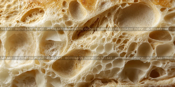 An up-close and personal view of the delightful texture of white wheat bread. This macro photograph showcases the intricate network of air pockets and the soft, pillowy crumb structure. Стоковое AI-изображение, AI-художник Ярославский Максим / Фотобанк Лори
