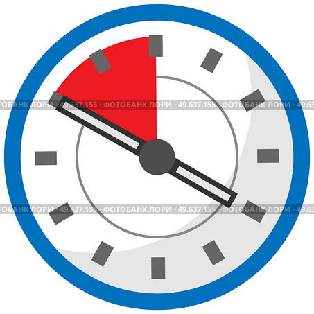 Analog clock isolated on white background. Symbol of time management, chronometer with hour and minute arrows. Clock with red area, time remaining until end of period. Countdown to deadline concept. Clock with red area, time remaining until end of period. Chronometer with hour and minute arrows. Стоковая иллюстрация, агентство Ingram Publishing / Фотобанк Лори