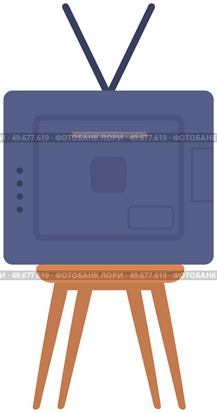 Analogue retro TV with antenna, channel and signal selector. Television box for news and show translation. Old TV set on wooden legs vector illustration. Vintage device for watching broadcasts. Analogue retro TV set with antenna, channel and signal selector. Television box for translations. Стоковая иллюстрация, агентство Ingram Publishing / Фотобанк Лори