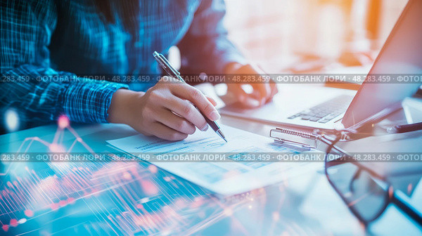 Analyzing Data: Charting Success, Strategy paperwork for business planning. Стоковое AI-изображение, AI-художник Данила Большаков / Фотобанк Лори