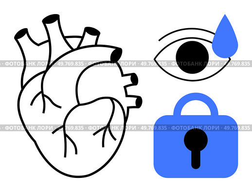 Anatomical heart on the left, tearful eye above a lock on the right. Ideal for emotions, protection, love, sadness, health. Symbolic Heart with Tearful Eye and Lock Imagery Representing Emotions and Security. Стоковая иллюстрация, агентство Ingram Publishing / Фотобанк Лори