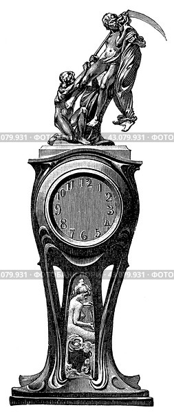 Ancient Bronze Art. French Empire mantel clock by A.Charpentier and Toni Sellmescheim. Publication of the book "Meyers Konversations-Lexikon", Volume 7, Leipzig, Germany, 1910. Стоковая иллюстрация, иллюстратор Sergey Kohl / Фотобанк Лори