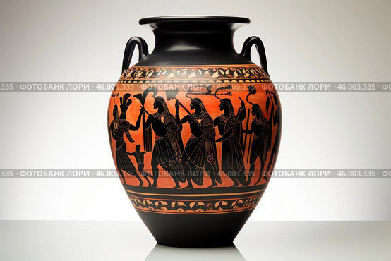 Ancient greek amphora depicting procession of gods and goddesses. Стоковое AI-изображение, AI-художник Иван Рябоконь / Фотобанк Лори