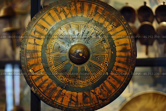Ancient greek shield exhibiting detailed battle paintings in museum. Стоковое AI-изображение, AI-художник Иван Рябоконь / Фотобанк Лори
