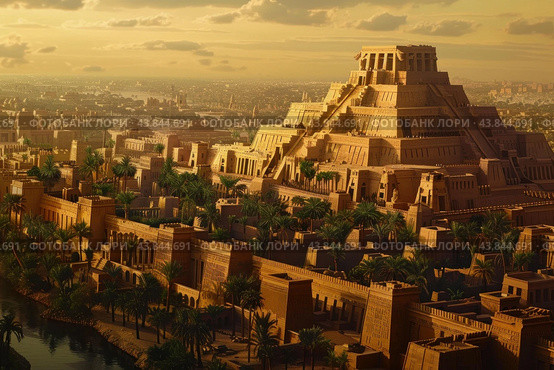 Ancient mesopotamian cityscape at sunset. Стоковое AI-изображение, AI-художник Иван Рябоконь / Фотобанк Лори