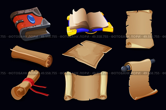 Ancient scrolls old magic books parchment incredible spells documents papyrus manuscripts rolls cartoon games set vector illustration. Стоковая иллюстрация, агентство Ingram Publishing / Фотобанк Лори