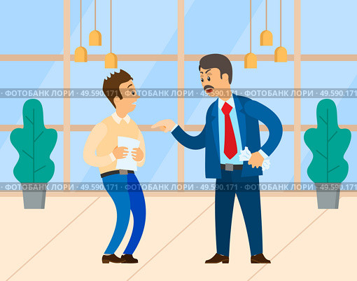 Angry boss shouting at manager. Chief executive dissatisfied with employee. Irritated employer yelling at office worker, business argument vector. Angry Chief Executive Shouting at Manager Vector. Стоковая иллюстрация, агентство Ingram Publishing / Фотобанк Лори
