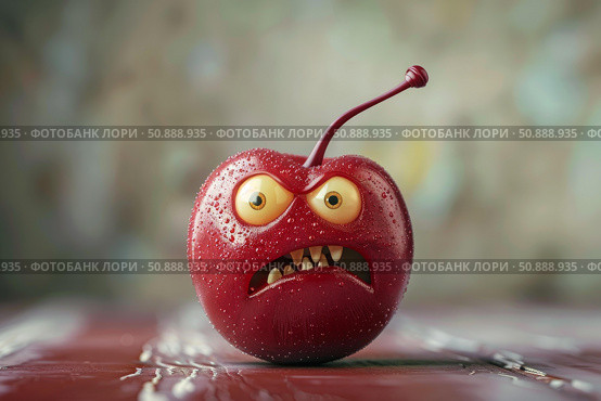 Angry cherry character showing teeth on red surface. Стоковое AI-изображение, AI-художник Иван Рябоконь / Фотобанк Лори