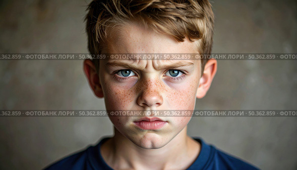 Angry child with furrowed brows expressing strong emotion, concept of childhood frustration, mood, behavior, or discipline challenge. Стоковое AI-изображение, AI-художник Igor Tichonow / Фотобанк Лори