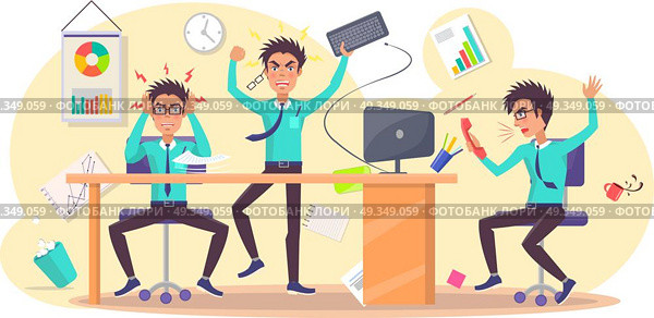 Angry person at work vector illustration. Grumpy male hold hands on head, irate guy throw keyboard, annoyed businessman scream into cellphone. Angry Person at Work Vector of Annoyed Businessman. Angry Person at Work Vector of Annoyed Businessman. Стоковая иллюстрация, агентство Ingram Publishing / Фотобанк Лори