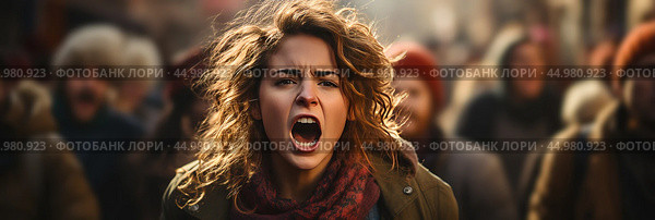 Angry protesting female activist shouting slogans defending the rights of the oppressed at demonstrations among like-minded people. Стоковое AI-изображение, AI-художник Данила Большаков / Фотобанк Лори